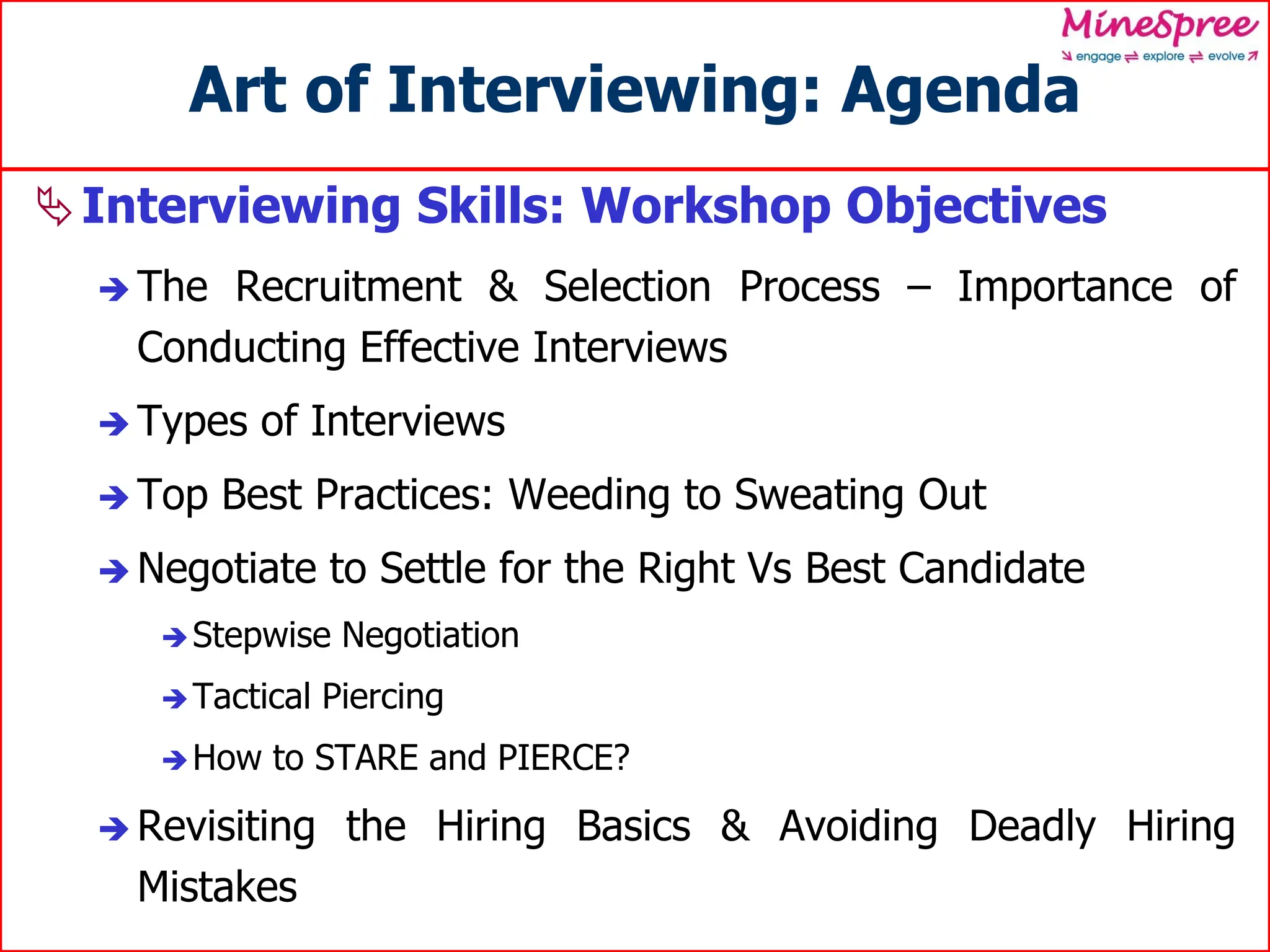 Art of Interviewing: Agenda
Interviewing Skills: Workshop Objectives
 The Recruitment & Selection Process – Importance of
Conducting Effective Interviews
 Types of Interviews
 Top Best Practices: Weeding to Sweating Out
 Negotiate to Settle for the Right Vs Best Candidate
Stepwise Negotiation
Tactical Piercing
How to STARE and PIERCE?
 Revisiting the Hiring Basics & Avoiding Deadly Hiring
Mistakes
 