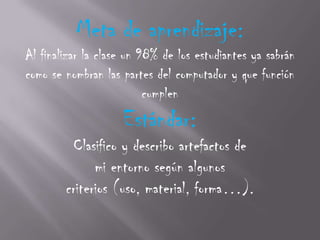 Meta de aprendizaje:
Al finalizar la clase un 98% de los estudiantes ya sabrán
como se nombran las partes del computador y que función
                          cumplen
                    Estándar:
         Clasifico y describo artefactos de
              mi entorno según algunos
        criterios (uso, material, forma…).
 