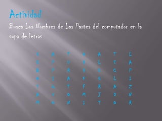 Actividad
Busca Los Nombres de Las Partes del computador en la
sopa de letras

          G     A     T     O     A     T     L
          C     P     U     D     L     E     A
          B     P     R     H     C     C     P
          O     I     A     K     G     L     I
          S     Q     T     F     R     A     Z
          A     V     O     M     J     D     N
          M     O     N     I     T     O     R
 