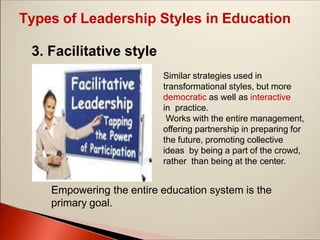 Types of Leadership Styles in Education
3. Facilitative style
Similar strategies used in
transformational styles, but more
democratic as well as interactive
in practice.
Works with the entire management,
offering partnership in preparing for
the future, promoting collective
ideas by being a part of the crowd,
rather than being at the center.
Empowering the entire education system is the
primary goal.
 
