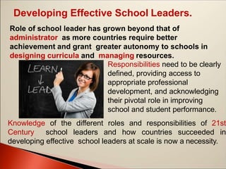 Developing Effective School Leaders.
Role of school leader has grown beyond that of
administrator as more countries require better
achievement and grant greater autonomy to schools in
designing curricula and managing resources.
Responsibilities need to be clearly
defined, providing access to
appropriate professional
development, and acknowledging
their pivotal role in improving
school and student performance.
Knowledge of the different roles and responsibilities of 21st
Century school leaders and how countries succeeded in
developing effective school leaders at scale is now a necessity.
 