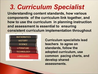 3. Curriculum Specialist
Understanding content standards, how various
components of the curriculum link together, and
how to use the curriculum in planning instruction
and assessment is essential to ensuring
consistent curriculum implementation throughout
a school.
Curriculum specialists lead
teachers to agree on
standards, follow the
adopted curriculum, use
common pacing charts, and
develop shared
assessments.
 