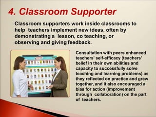 4. Classroom Supporter
Classroom supporters work inside classrooms to
help teachers implement new ideas, often by
demonstrating a lesson, co teaching, or
observing and giving feedback.
Consultation with peers enhanced
teachers' self-efficacy (teachers'
belief in their own abilities and
capacity to successfully solve
teaching and learning problems) as
they reflected on practice and grew
together, and it also encouraged a
bias for action (improvement
through collaboration) on the part
of teachers.
 