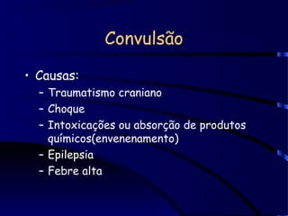 Convulsão
• Causas:
– Traumatismo craniano
– Choque
– Intoxicações ou absorção de produtos
químicos(envenenamento)
– Epilepsia
– Febre alta
 
