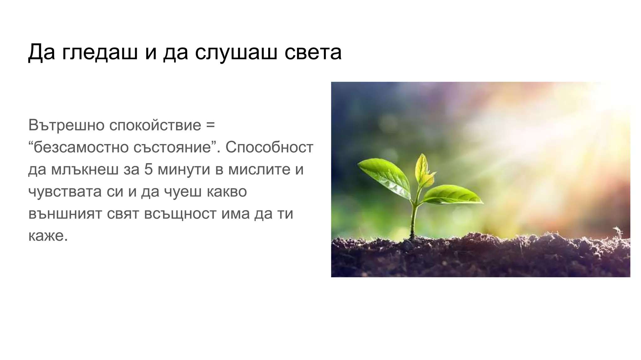 Да гледаш и да слушаш света
Вътрешно спокойствие =
“безсамостно състояние”. Способност
да млъкнеш за 5 минути в мислите и
чувствата си и да чуеш какво
външният свят всъщност има да ти
каже.
 