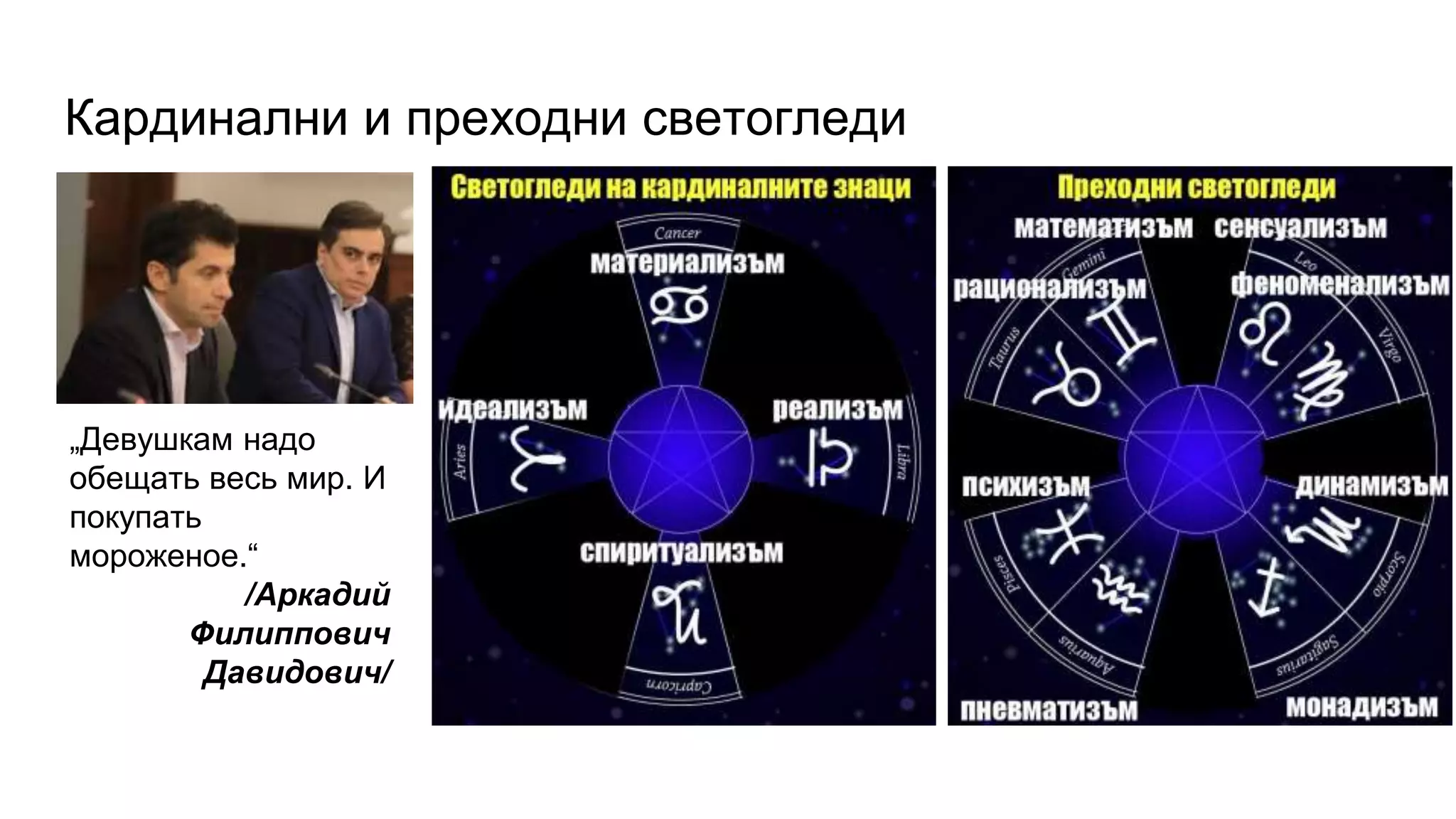 Кардинални и преходни светогледи
„Девушкам надо
обещать весь мир. И
покупать
мороженое.“
/Аркадий
Филиппович
Давидович/
 