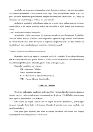 As células são as menores unidades funcionais do nosso organismo e são elas responsáveis
pela manutenção metabólica e energética do nosso corpo. Neste assunto iremos abordar o processo
que é dos mais importantes para obtermos energia suficiente para o nosso dia a dia, tendo sua
interrupção um resultado trágico podendo nos levar a morte.
A glicose é a principal molécula energética que o nosso corpo prefere para este processo,
porém lipídeos e até mesmo proteínas podem ser convertidas e assim usadas para a respiração
celular.
* Como a glicose é obtida? (ver apostila sobre digestão)
A respiração celular compreende três processos complexos que chamaremos de glicólise,
ciclo de Krebs ou do ácido cítrico e a cadeia respiratória. A primeira etapa acontece no hialoplasma
ou citosol (líquido onde estão envolvidas as organelas citoplasmáticas) e as duas últimas nas
mitocôndrias*, mais especificadamente na matriz e crista mitocondrial.
* Porque nos mamíferos as mitocôndrias são de origem materna?
O principal objetivo de todas as cascatas de reações é a produção de energia em forma de
ATP´S (adenosina trifosfato), porém durante o evento existem as chamadas vias anfibólicas que
biossintetizam produtos como esteroides, grupos heme, ácidos graxos, etc.
Moléculas energéticas que veremos:
ATP = Adenosina Trifosfato
ADP = Adenosina Difosfato
NAD = Nicotinamida Adenina Dinucleotídeo
FAD = Flavina Adenina Dinucleotídeo
ETAPA 1 = Glicólise
Ocorre no hialoplasma ou citosol, sendo seu objetivo principal produzir duas moléculas de
piruvato com três carbonos cada a partir de uma molécula de glicose (C6-H12-O6), somente desta
forma a glicose participará do ciclo de Krebs.
Esta cascata de reações consiste em 10 reações incluindo: desidratação, isomerização,
clivagem, oxidação, fosforilação e obviamente liberação de energia, todas sendo reguladas pelo
trabalho enzimático.
Para quem quiser aprender mais sobre as reações envolvidas, deixaremos uma imagem
mostrando toda a cascata de reações e observações.
 