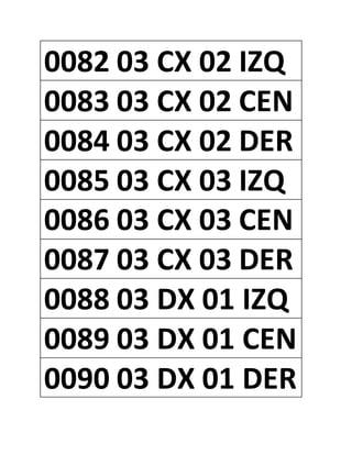 0082 03 CX 02 IZQ
0083 03 CX 02 CEN
0084 03 CX 02 DER
0085 03 CX 03 IZQ
0086 03 CX 03 CEN
0087 03 CX 03 DER
0088 03 DX 01 IZQ
0089 03 DX 01 CEN
0090 03 DX 01 DER
 