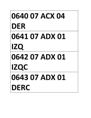 0640 07 ACX 04
DER
0641 07 ADX 01
IZQ
0642 07 ADX 01
IZQC
0643 07 ADX 01
DERC
 