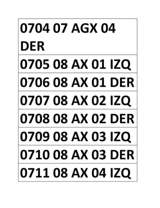 0704 07 AGX 04
DER
0705 08 AX 01 IZQ
0706 08 AX 01 DER
0707 08 AX 02 IZQ
0708 08 AX 02 DER
0709 08 AX 03 IZQ
0710 08 AX 03 DER
0711 08 AX 04 IZQ
 