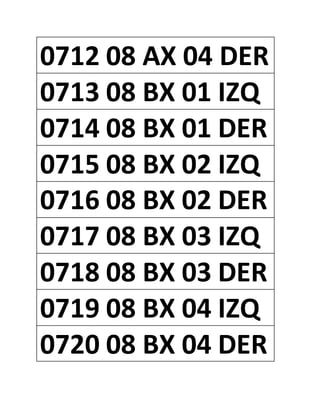0712 08 AX 04 DER
0713 08 BX 01 IZQ
0714 08 BX 01 DER
0715 08 BX 02 IZQ
0716 08 BX 02 DER
0717 08 BX 03 IZQ
0718 08 BX 03 DER
0719 08 BX 04 IZQ
0720 08 BX 04 DER
 