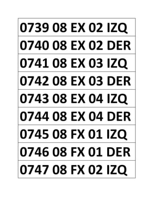 0739 08 EX 02 IZQ
0740 08 EX 02 DER
0741 08 EX 03 IZQ
0742 08 EX 03 DER
0743 08 EX 04 IZQ
0744 08 EX 04 DER
0745 08 FX 01 IZQ
0746 08 FX 01 DER
0747 08 FX 02 IZQ
 