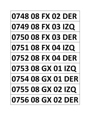 0748 08 FX 02 DER
0749 08 FX 03 IZQ
0750 08 FX 03 DER
0751 08 FX 04 IZQ
0752 08 FX 04 DER
0753 08 GX 01 IZQ
0754 08 GX 01 DER
0755 08 GX 02 IZQ
0756 08 GX 02 DER
 