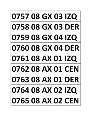 0757 08 GX 03 IZQ
0758 08 GX 03 DER
0759 08 GX 04 IZQ
0760 08 GX 04 DER
0761 08 AX 01 IZQ
0762 08 AX 01 CEN
0763 08 AX 01 DER
0764 08 AX 02 IZQ
0765 08 AX 02 CEN
 