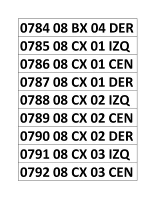 0784 08 BX 04 DER
0785 08 CX 01 IZQ
0786 08 CX 01 CEN
0787 08 CX 01 DER
0788 08 CX 02 IZQ
0789 08 CX 02 CEN
0790 08 CX 02 DER
0791 08 CX 03 IZQ
0792 08 CX 03 CEN
 