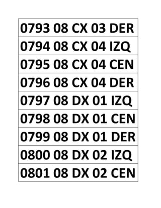 0793 08 CX 03 DER
0794 08 CX 04 IZQ
0795 08 CX 04 CEN
0796 08 CX 04 DER
0797 08 DX 01 IZQ
0798 08 DX 01 CEN
0799 08 DX 01 DER
0800 08 DX 02 IZQ
0801 08 DX 02 CEN
 
