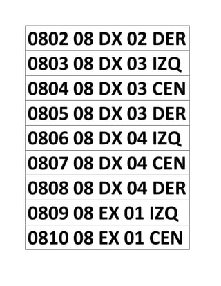 0802 08 DX 02 DER
0803 08 DX 03 IZQ
0804 08 DX 03 CEN
0805 08 DX 03 DER
0806 08 DX 04 IZQ
0807 08 DX 04 CEN
0808 08 DX 04 DER
0809 08 EX 01 IZQ
0810 08 EX 01 CEN
 