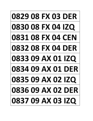 0829 08 FX 03 DER
0830 08 FX 04 IZQ
0831 08 FX 04 CEN
0832 08 FX 04 DER
0833 09 AX 01 IZQ
0834 09 AX 01 DER
0835 09 AX 02 IZQ
0836 09 AX 02 DER
0837 09 AX 03 IZQ
 