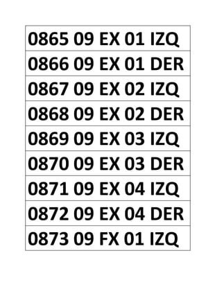 0865 09 EX 01 IZQ
0866 09 EX 01 DER
0867 09 EX 02 IZQ
0868 09 EX 02 DER
0869 09 EX 03 IZQ
0870 09 EX 03 DER
0871 09 EX 04 IZQ
0872 09 EX 04 DER
0873 09 FX 01 IZQ
 