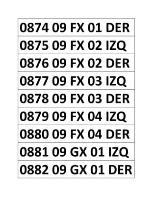 0874 09 FX 01 DER
0875 09 FX 02 IZQ
0876 09 FX 02 DER
0877 09 FX 03 IZQ
0878 09 FX 03 DER
0879 09 FX 04 IZQ
0880 09 FX 04 DER
0881 09 GX 01 IZQ
0882 09 GX 01 DER
 