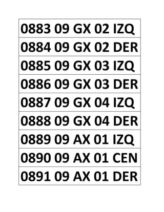 0883 09 GX 02 IZQ
0884 09 GX 02 DER
0885 09 GX 03 IZQ
0886 09 GX 03 DER
0887 09 GX 04 IZQ
0888 09 GX 04 DER
0889 09 AX 01 IZQ
0890 09 AX 01 CEN
0891 09 AX 01 DER
 