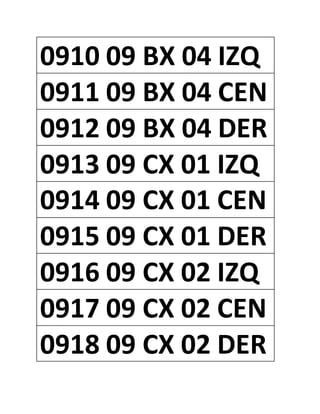 0910 09 BX 04 IZQ
0911 09 BX 04 CEN
0912 09 BX 04 DER
0913 09 CX 01 IZQ
0914 09 CX 01 CEN
0915 09 CX 01 DER
0916 09 CX 02 IZQ
0917 09 CX 02 CEN
0918 09 CX 02 DER
 