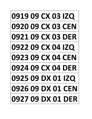 0919 09 CX 03 IZQ
0920 09 CX 03 CEN
0921 09 CX 03 DER
0922 09 CX 04 IZQ
0923 09 CX 04 CEN
0924 09 CX 04 DER
0925 09 DX 01 IZQ
0926 09 DX 01 CEN
0927 09 DX 01 DER
 