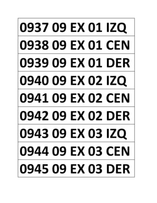 0937 09 EX 01 IZQ
0938 09 EX 01 CEN
0939 09 EX 01 DER
0940 09 EX 02 IZQ
0941 09 EX 02 CEN
0942 09 EX 02 DER
0943 09 EX 03 IZQ
0944 09 EX 03 CEN
0945 09 EX 03 DER
 