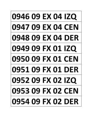 0946 09 EX 04 IZQ
0947 09 EX 04 CEN
0948 09 EX 04 DER
0949 09 FX 01 IZQ
0950 09 FX 01 CEN
0951 09 FX 01 DER
0952 09 FX 02 IZQ
0953 09 FX 02 CEN
0954 09 FX 02 DER
 