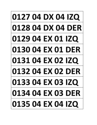 0127 04 DX 04 IZQ
0128 04 DX 04 DER
0129 04 EX 01 IZQ
0130 04 EX 01 DER
0131 04 EX 02 IZQ
0132 04 EX 02 DER
0133 04 EX 03 IZQ
0134 04 EX 03 DER
0135 04 EX 04 IZQ
 