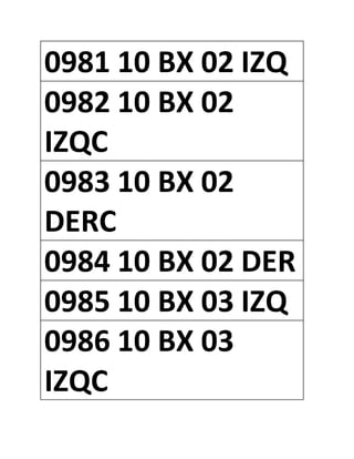 0981 10 BX 02 IZQ
0982 10 BX 02
IZQC
0983 10 BX 02
DERC
0984 10 BX 02 DER
0985 10 BX 03 IZQ
0986 10 BX 03
IZQC
 