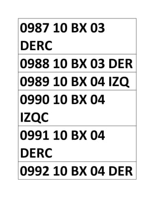 0987 10 BX 03
DERC
0988 10 BX 03 DER
0989 10 BX 04 IZQ
0990 10 BX 04
IZQC
0991 10 BX 04
DERC
0992 10 BX 04 DER
 