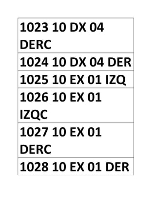 1023 10 DX 04
DERC
1024 10 DX 04 DER
1025 10 EX 01 IZQ
1026 10 EX 01
IZQC
1027 10 EX 01
DERC
1028 10 EX 01 DER
 