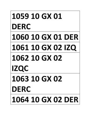1059 10 GX 01
DERC
1060 10 GX 01 DER
1061 10 GX 02 IZQ
1062 10 GX 02
IZQC
1063 10 GX 02
DERC
1064 10 GX 02 DER
 