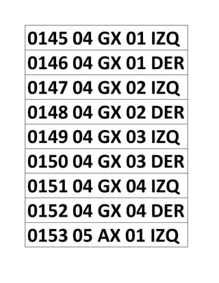 0145 04 GX 01 IZQ
0146 04 GX 01 DER
0147 04 GX 02 IZQ
0148 04 GX 02 DER
0149 04 GX 03 IZQ
0150 04 GX 03 DER
0151 04 GX 04 IZQ
0152 04 GX 04 DER
0153 05 AX 01 IZQ
 