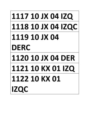 1117 10 JX 04 IZQ
1118 10 JX 04 IZQC
1119 10 JX 04
DERC
1120 10 JX 04 DER
1121 10 KX 01 IZQ
1122 10 KX 01
IZQC
 
