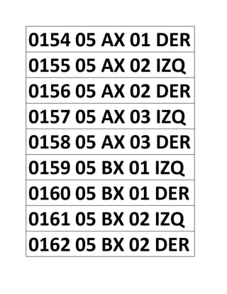0154 05 AX 01 DER
0155 05 AX 02 IZQ
0156 05 AX 02 DER
0157 05 AX 03 IZQ
0158 05 AX 03 DER
0159 05 BX 01 IZQ
0160 05 BX 01 DER
0161 05 BX 02 IZQ
0162 05 BX 02 DER
 