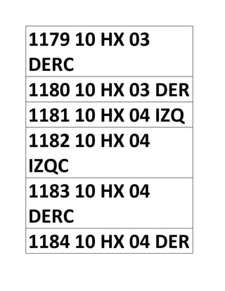 1179 10 HX 03
DERC
1180 10 HX 03 DER
1181 10 HX 04 IZQ
1182 10 HX 04
IZQC
1183 10 HX 04
DERC
1184 10 HX 04 DER
 