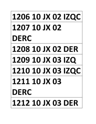 1206 10 JX 02 IZQC
1207 10 JX 02
DERC
1208 10 JX 02 DER
1209 10 JX 03 IZQ
1210 10 JX 03 IZQC
1211 10 JX 03
DERC
1212 10 JX 03 DER
 