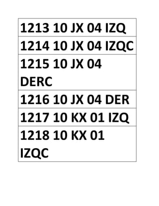 1213 10 JX 04 IZQ
1214 10 JX 04 IZQC
1215 10 JX 04
DERC
1216 10 JX 04 DER
1217 10 KX 01 IZQ
1218 10 KX 01
IZQC
 
