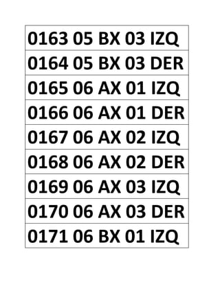 0163 05 BX 03 IZQ
0164 05 BX 03 DER
0165 06 AX 01 IZQ
0166 06 AX 01 DER
0167 06 AX 02 IZQ
0168 06 AX 02 DER
0169 06 AX 03 IZQ
0170 06 AX 03 DER
0171 06 BX 01 IZQ
 
