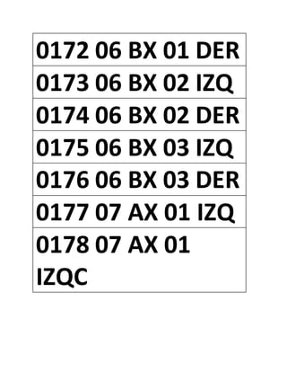 0172 06 BX 01 DER
0173 06 BX 02 IZQ
0174 06 BX 02 DER
0175 06 BX 03 IZQ
0176 06 BX 03 DER
0177 07 AX 01 IZQ
0178 07 AX 01
IZQC
 