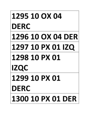 1295 10 OX 04
DERC
1296 10 OX 04 DER
1297 10 PX 01 IZQ
1298 10 PX 01
IZQC
1299 10 PX 01
DERC
1300 10 PX 01 DER
 