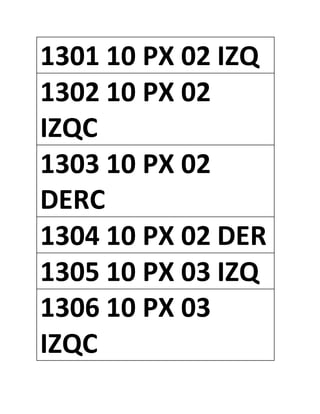 1301 10 PX 02 IZQ
1302 10 PX 02
IZQC
1303 10 PX 02
DERC
1304 10 PX 02 DER
1305 10 PX 03 IZQ
1306 10 PX 03
IZQC
 