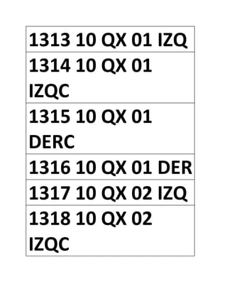 1313 10 QX 01 IZQ
1314 10 QX 01
IZQC
1315 10 QX 01
DERC
1316 10 QX 01 DER
1317 10 QX 02 IZQ
1318 10 QX 02
IZQC
 