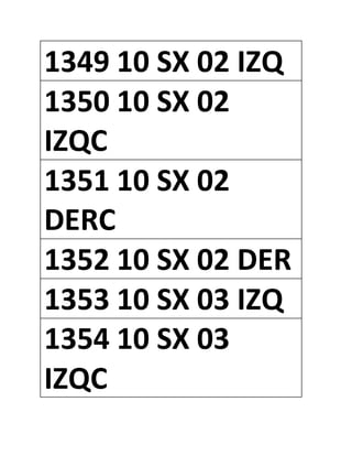 1349 10 SX 02 IZQ
1350 10 SX 02
IZQC
1351 10 SX 02
DERC
1352 10 SX 02 DER
1353 10 SX 03 IZQ
1354 10 SX 03
IZQC
 