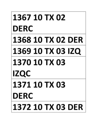 1367 10 TX 02
DERC
1368 10 TX 02 DER
1369 10 TX 03 IZQ
1370 10 TX 03
IZQC
1371 10 TX 03
DERC
1372 10 TX 03 DER
 