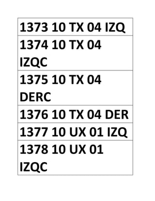1373 10 TX 04 IZQ
1374 10 TX 04
IZQC
1375 10 TX 04
DERC
1376 10 TX 04 DER
1377 10 UX 01 IZQ
1378 10 UX 01
IZQC
 