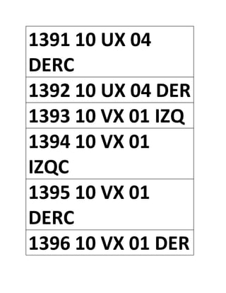1391 10 UX 04
DERC
1392 10 UX 04 DER
1393 10 VX 01 IZQ
1394 10 VX 01
IZQC
1395 10 VX 01
DERC
1396 10 VX 01 DER
 
