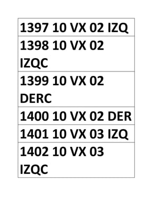 1397 10 VX 02 IZQ
1398 10 VX 02
IZQC
1399 10 VX 02
DERC
1400 10 VX 02 DER
1401 10 VX 03 IZQ
1402 10 VX 03
IZQC
 